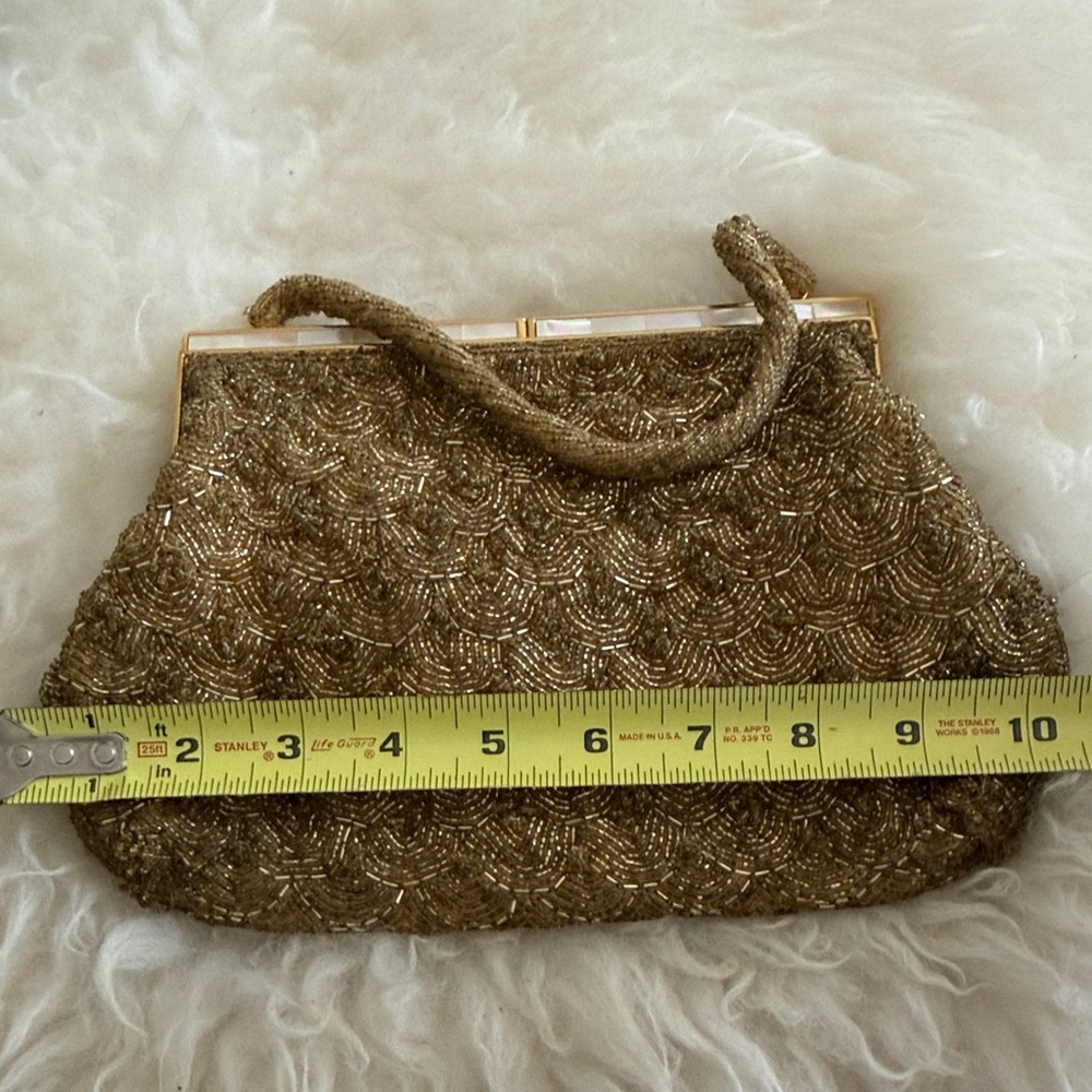 Vintage Gold Beaded Evening Clutch with Top Handle & Mother-of-pearl inlay snap - Picture 6 of 7